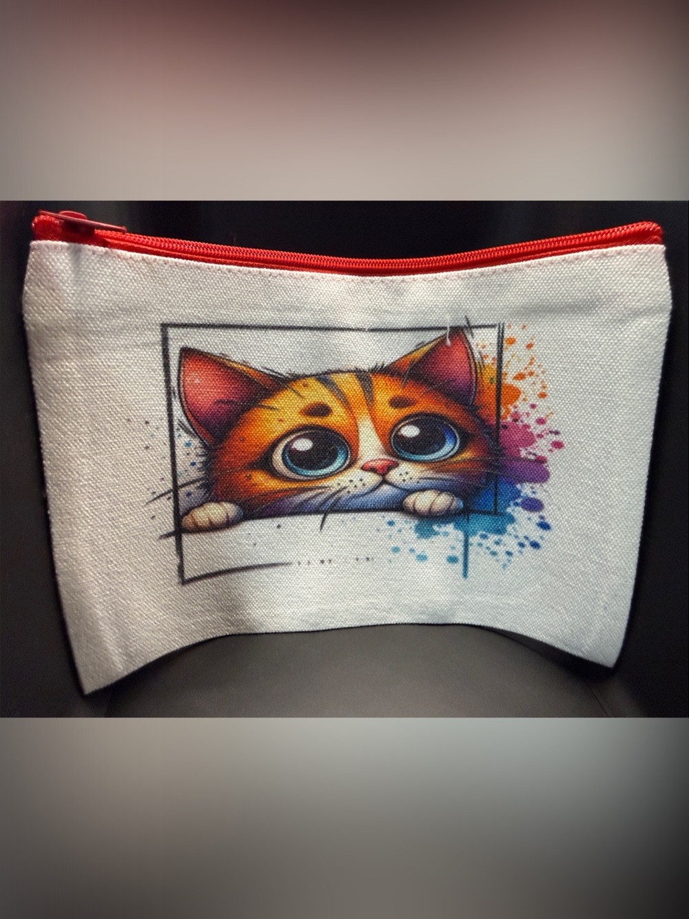 NEW Cute Orange Tabby Cat Canvas Zipper Pouch - Red Trim